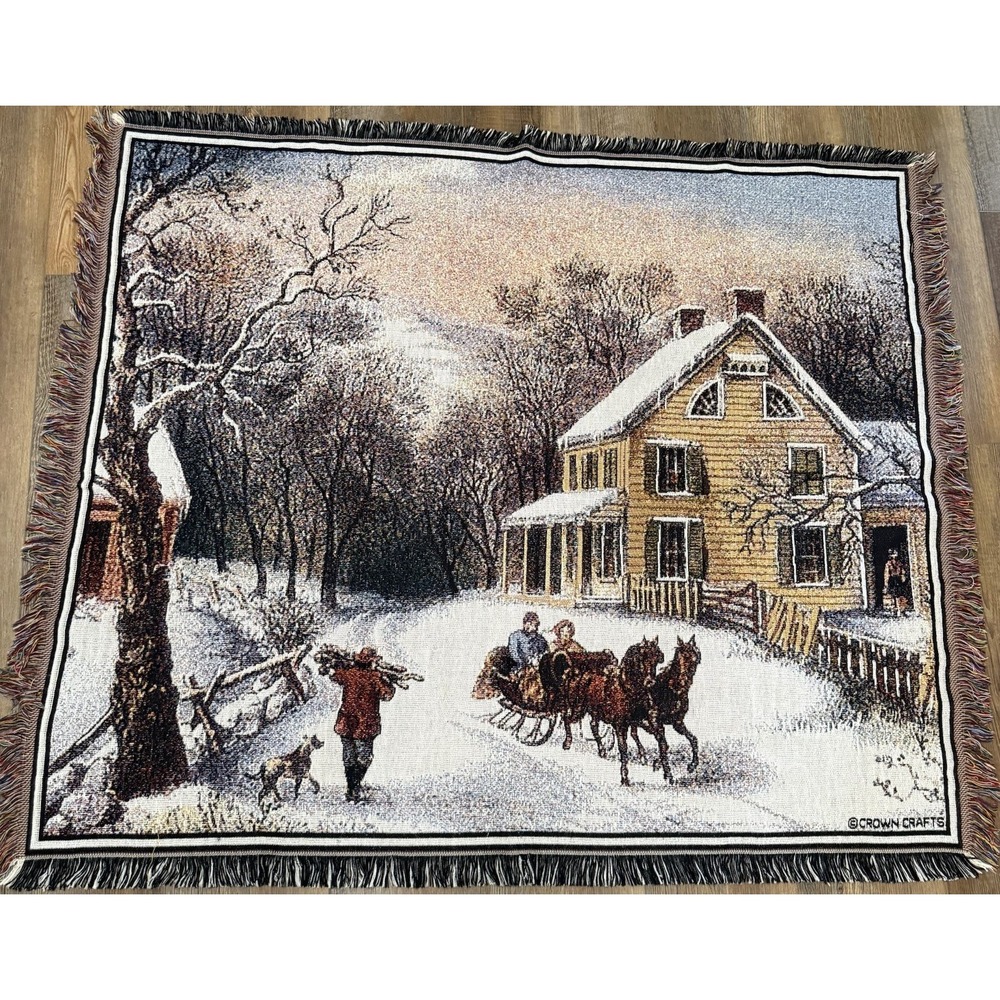 Crown Craft Tapestry Throw Blanket Farmhouse Sleigh Ride 50‎ X 60